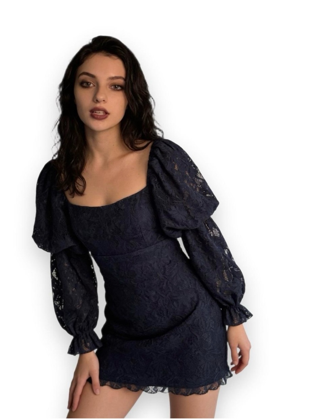 Forever 21 Dress Sz M Black Floral Lace Puff-Sleeves Mini Ruffles Special Event